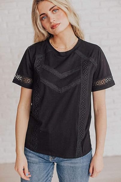 Ladies Black Loose fit T-shirt with embroidery detail