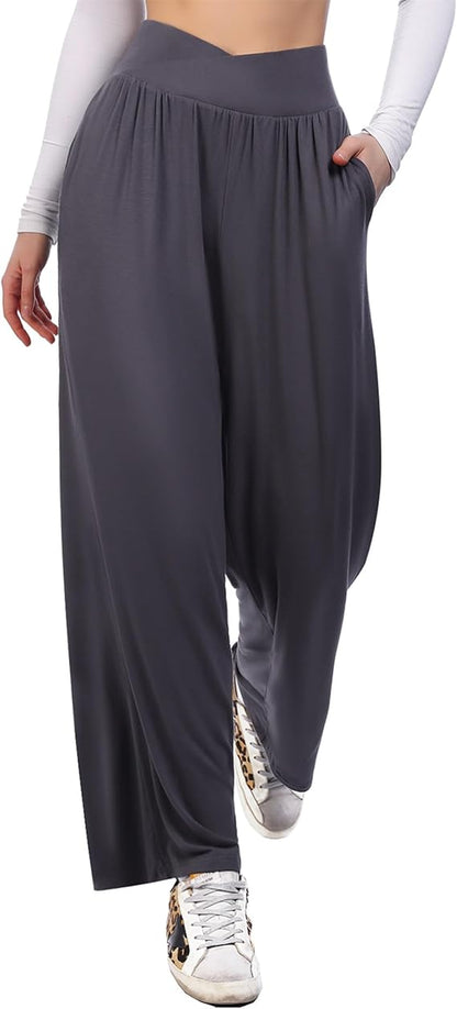 Women's Wide Leg Elastic High Waist Casual Palazzo Trousers Pockets