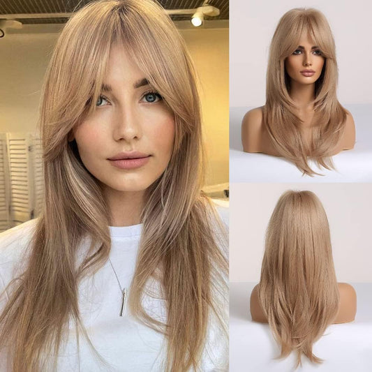 Long Blonde Wig with Bangs, Layered Shoulder Length Synthetic Hair Wig 24 Inch