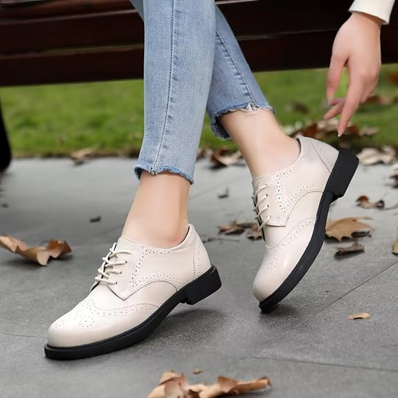 Women's Cream Leather Lace up Brogue Wingtip Derby Shoes