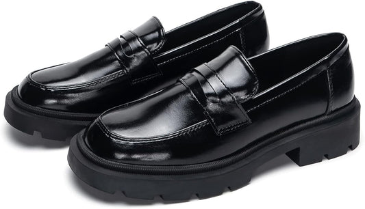 Ladies Faux Patent Leather Platform Chunky Loafers