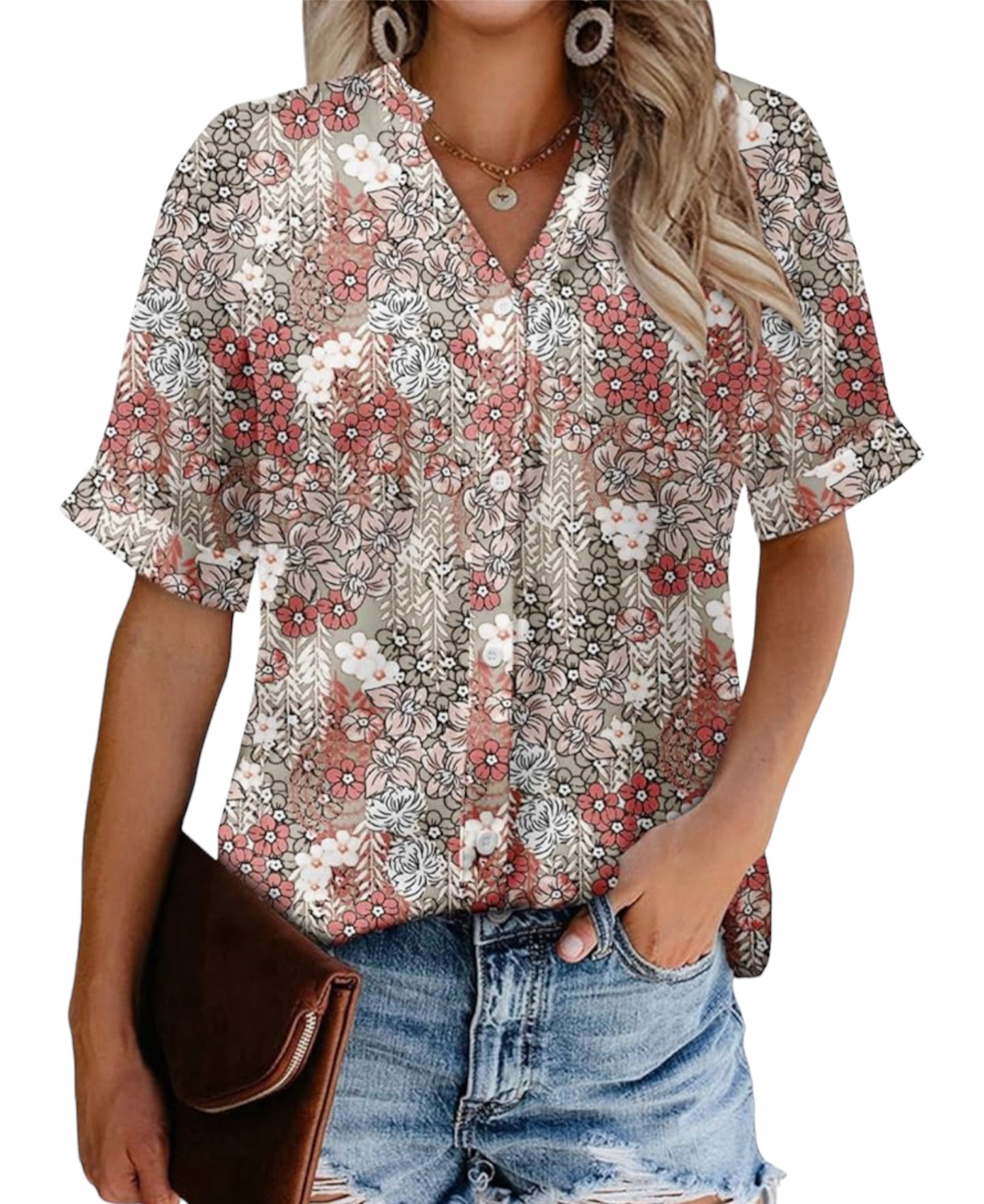 Women's V Neck Floral Print Short Sleeved Shirt Blouse