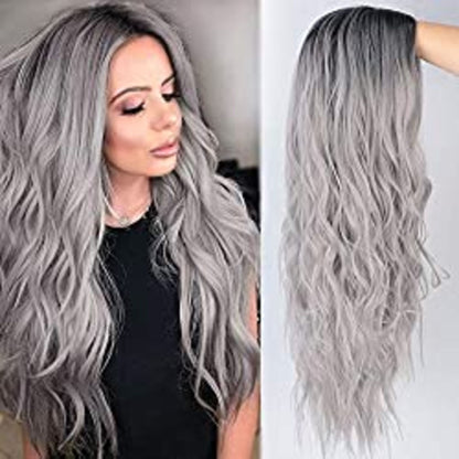 Ladies Grey Ombre Wavy Wig with Dark Root