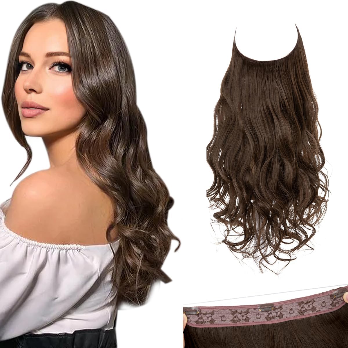 Ladies 18 inch wavy Medium Brown halo hair extensions