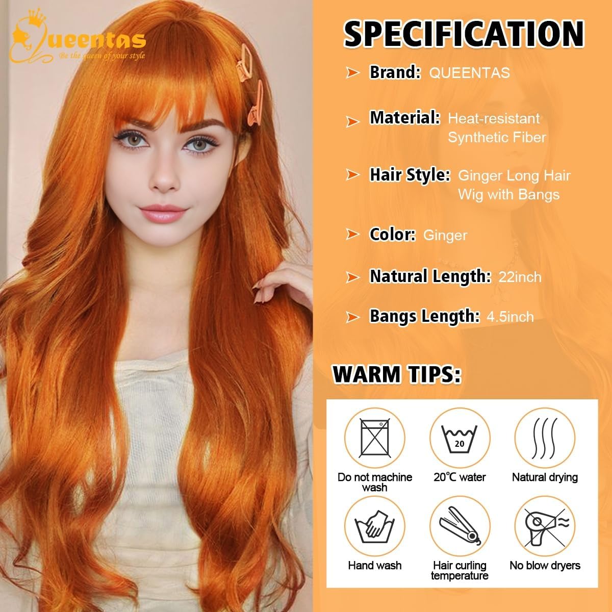 QUEENTAS 22In Ginger Long Synthetic Hair Wig with Bangs