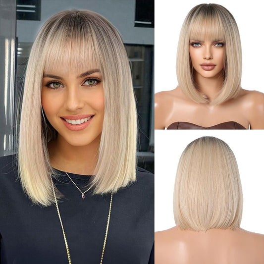 OUFEI Ombre Short Straight Blonde Bob Wig With Bangs