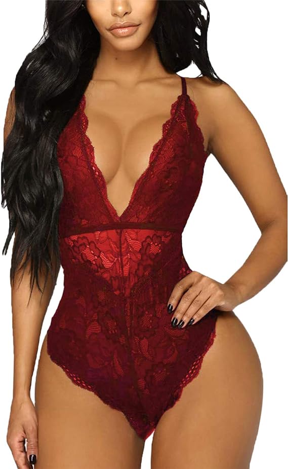 Women's Sexy Lace Lingerie Deep V Teddy Bodysuit