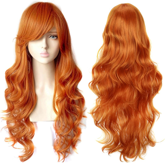 ColorfulPanda Long Orange Wavy Full Hair Wig with side fringe