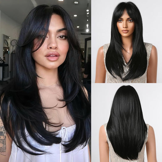 Testar Black Long Straight Layered wig with Curtain Bangs