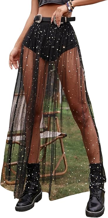 Women's 2 in 1 Glitter Star Sheer Mesh A Line Maxi Skirt