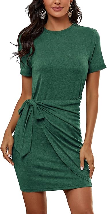 Ladies Short Sleeve Tie Waist Mini Dress