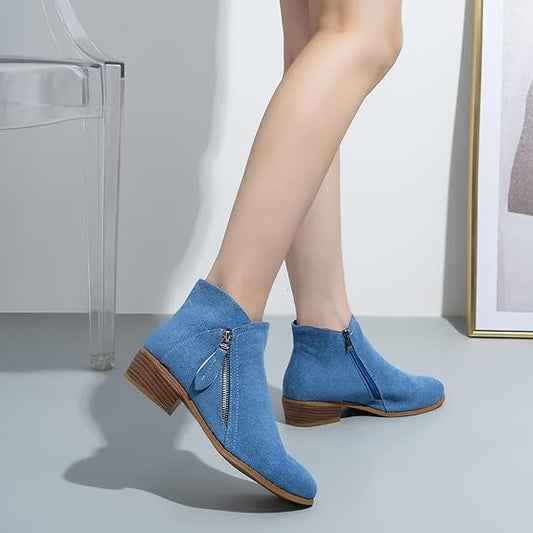 Women's Faux Suede Zip Up Ankle Low Block Heeled Ankle Boots