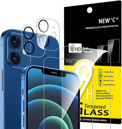 2 Pack for iPhone 12 Screen Protector (6.1 inch) + 2 Pack Camera Lens Protector, Sensor Protection,Case Friendly Tempered Glass Film