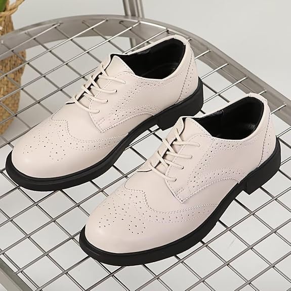 Women's Cream Leather Lace up Brogue Wingtip Derby Shoes