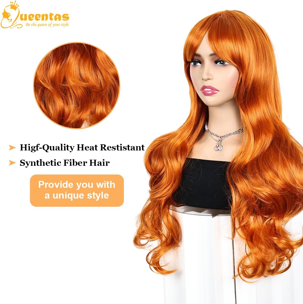 QUEENTAS 22In Ginger Long Synthetic Hair Wig with Bangs