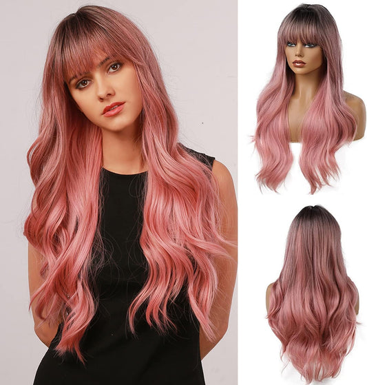 Esmee Women's Long Wavy Ombre Pink with Dark Roots ＆Fluffy Air Bangs Wig - 26"