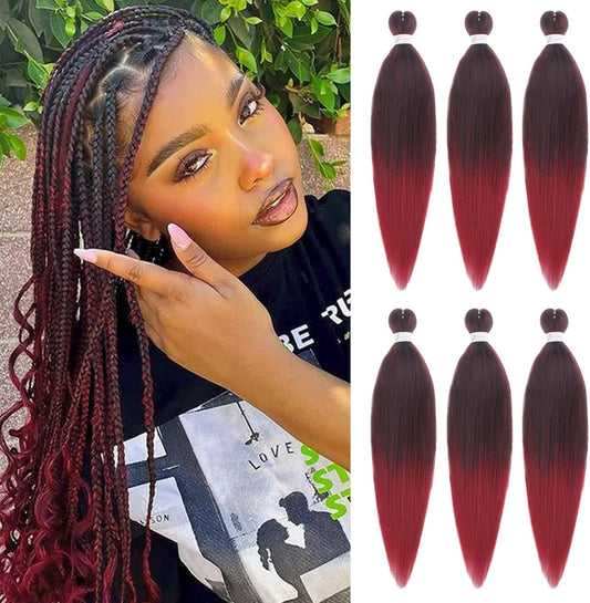 Samtress 16 Inch Pre Stretched Braiding Hair 6 Packs Ombre Burgundy Easy Braid Soft Yaki Texture for Women Hot Water Setting Crochet Braids (#1B/900)