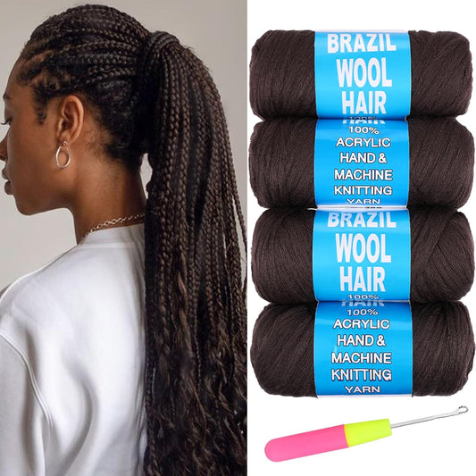 Samtress 4 Roll Dark Brown Brazilian Wool Hair Acrylic Yarn for Crochet Braids