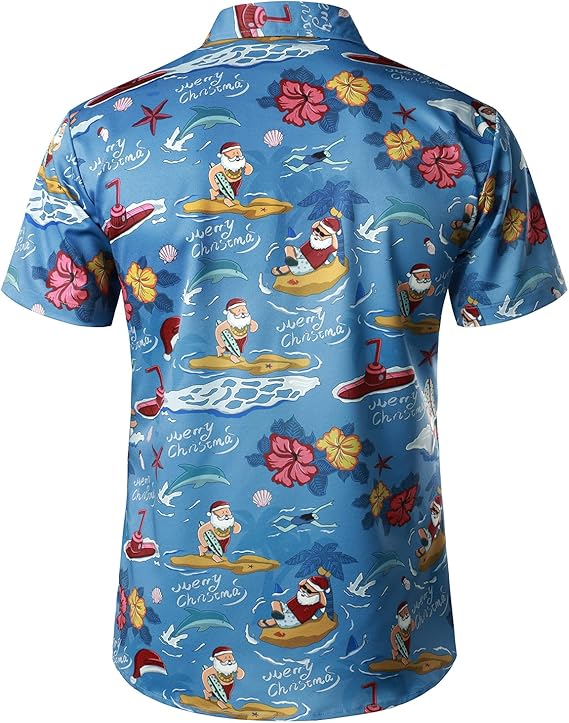 JOGAL Mens Fun Hawaiian Christmas Santa Claus Print Short Sleeve Shirt