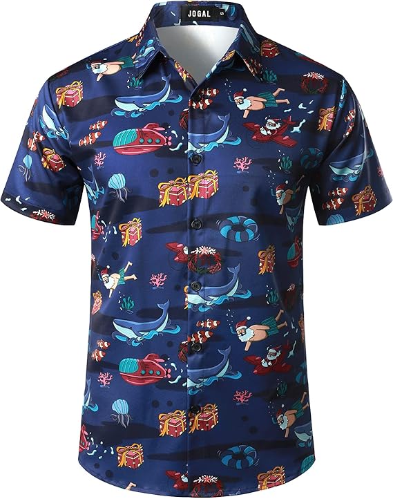 JOGAL Mens Fun Hawaiian Christmas Santa Claus Print Short Sleeve Shirt