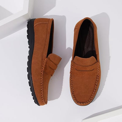 Men's Loafers Flat Breathable Casual Leather Moccasins Handmade Slip On Driving Business Shoes - Tan Suede