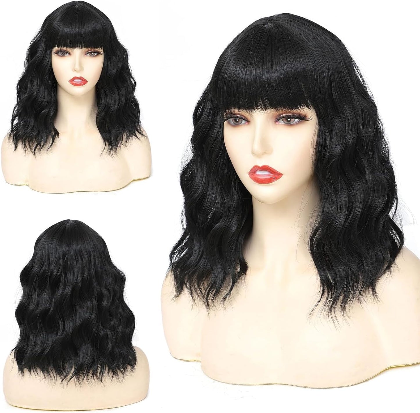 Yeeshedo Short Wavy Wigs 14Inch Curly Bob Shoulder Length Wig with Bangs