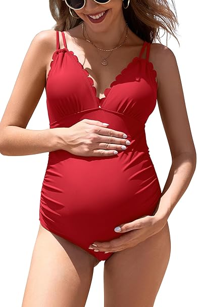 Charmo Maternity One Piece Swimwear Scalloped Swimsuit V Neck with Cutout Tie Back