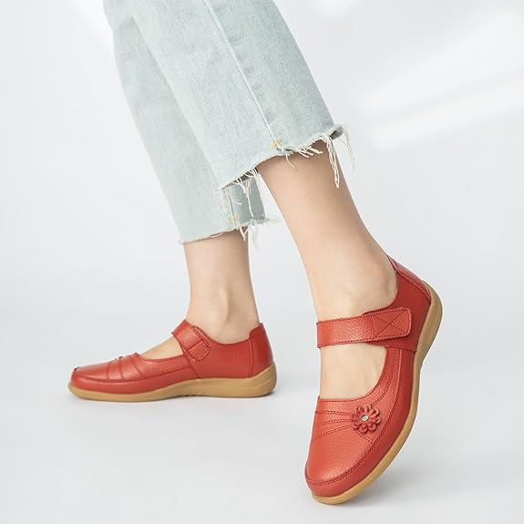 Womens Flat Leather Touch Fastening Loafers Shoes in Red