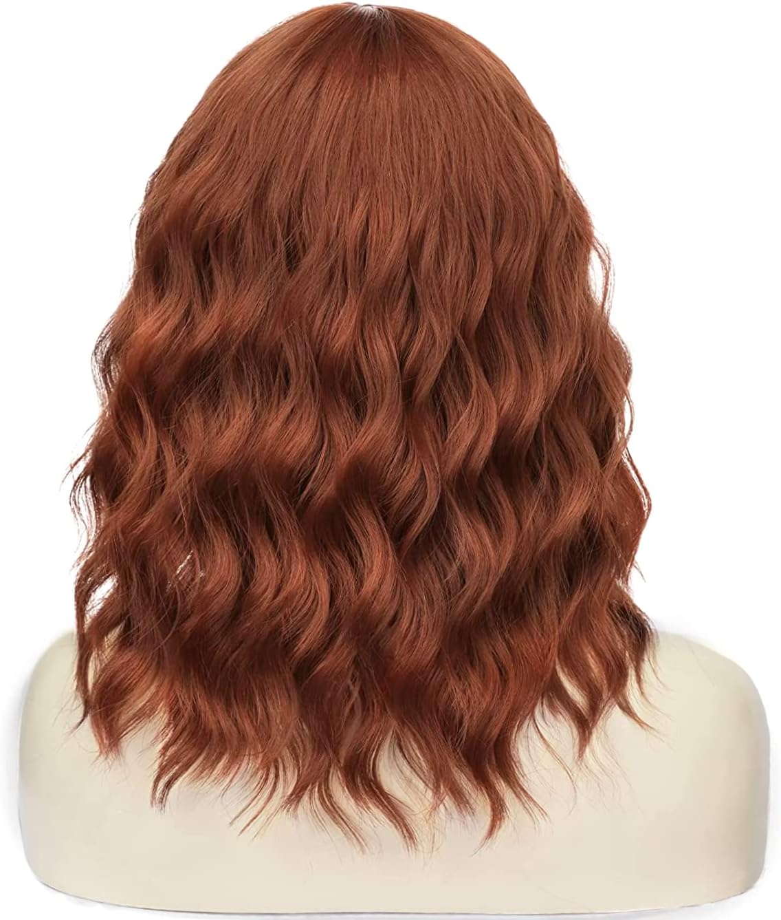 Copper Red Short Auburn Bob Wigs with fringe for Women Natural Wavy Curly Hair Wig 14 inch