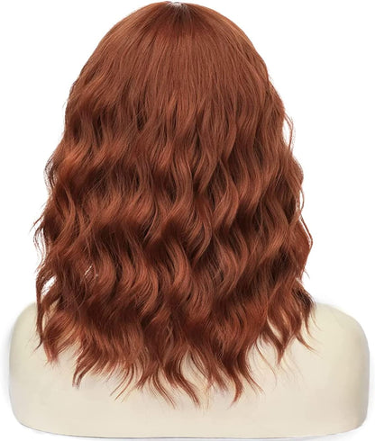 Copper Red Short Auburn Bob Wigs with fringe for Women Natural Wavy Curly Hair Wig 14 inch