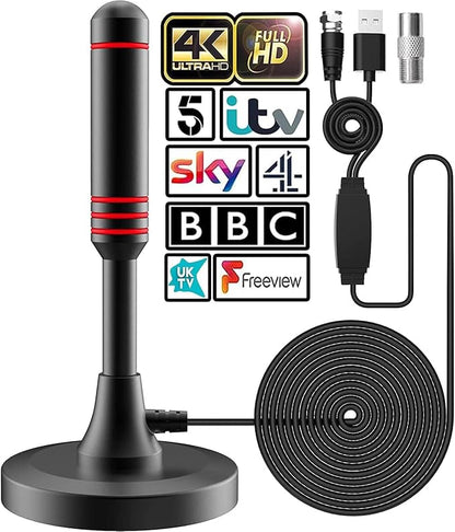 DVB-T/DVB-T2 Antenna with Amplifier - HDTV Indoor Antenna for Televisions, Long Range and 360° Reception, with Magnetic Base - 5 Metre Cable