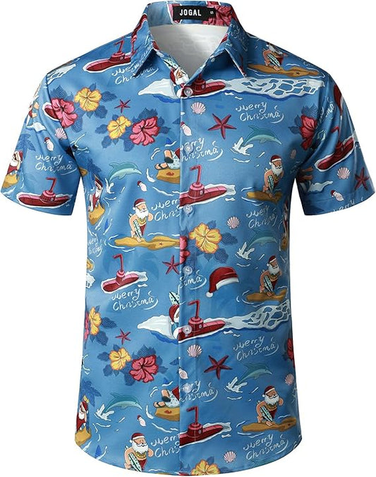 JOGAL Mens Fun Hawaiian Christmas Santa Claus Print Short Sleeve Shirt