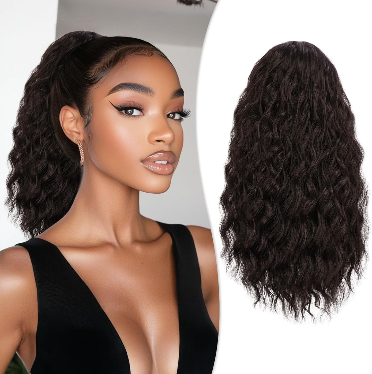 RUWISS Curly Drawstring Ponytail Extension for Black Women,16 inch Dark Brown
