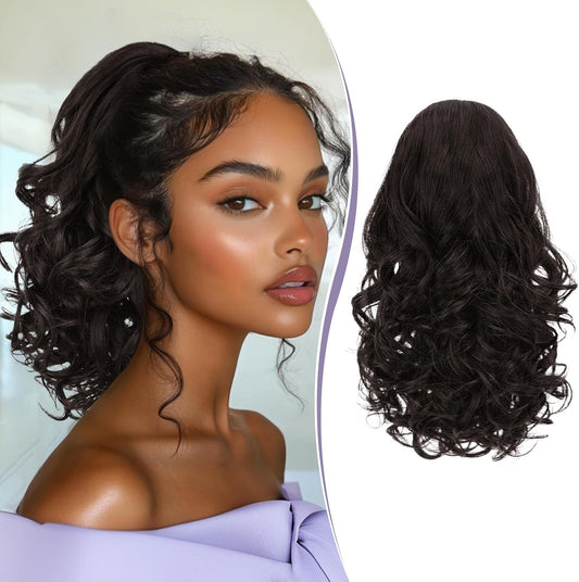 RUWISS Drawstring Wavy Curly Ponytail Extension (Black/Brown)