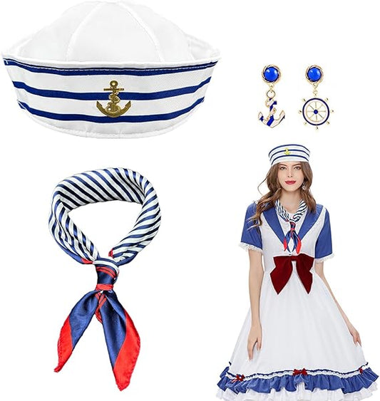 Ladies 3 piece Nautical hat, scarf and earrings set fancy dress