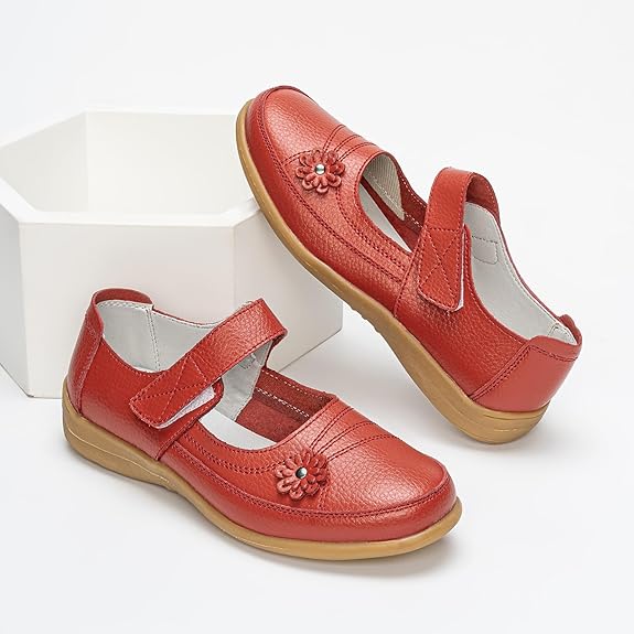 Womens Flat Leather Touch Fastening Loafers Shoes in Red