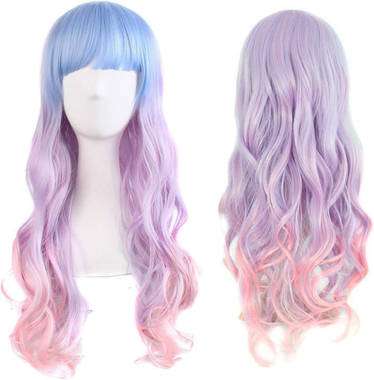 ColorfulPanda Long Wavy Harajuku Style Cosplay Party Costume Synthetic Wig(Light Blue/Light Purple/Pink)