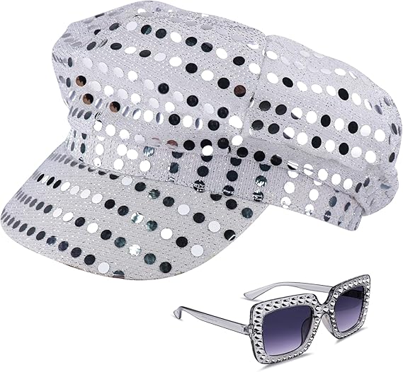 2-Piece 70s Disco Hat Set - Sequined Square Bling Sunglasses & Disco Hat
