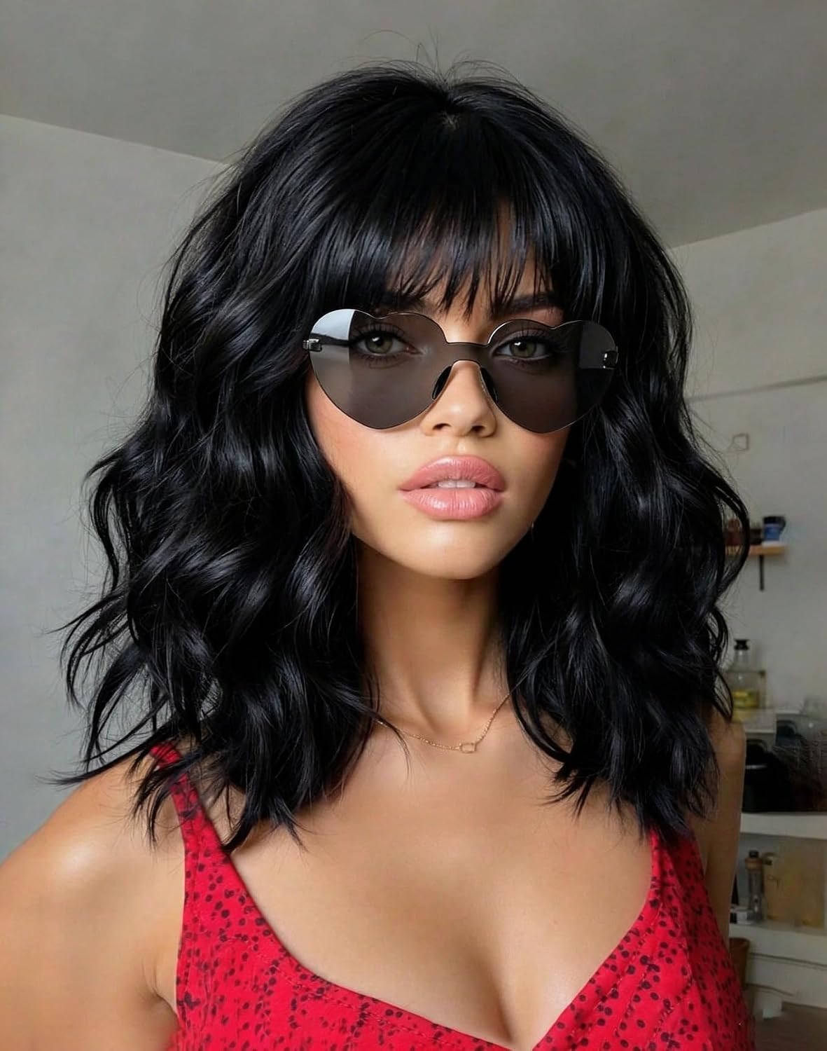 Yeeshedo Short Wavy Wigs 14Inch Curly Bob Shoulder Length Wig with Bangs