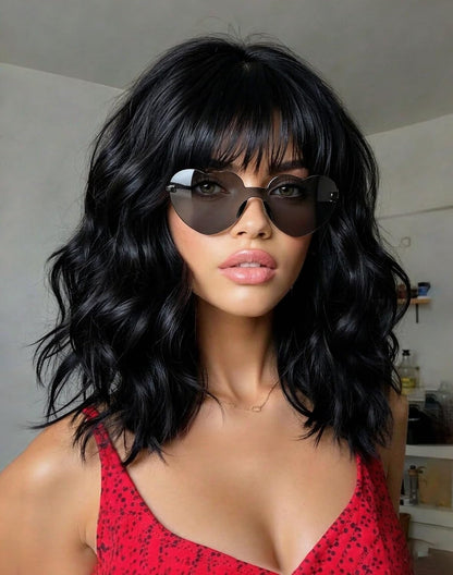 Yeeshedo Short Wavy Wigs 14Inch Curly Bob Shoulder Length Wig with Bangs
