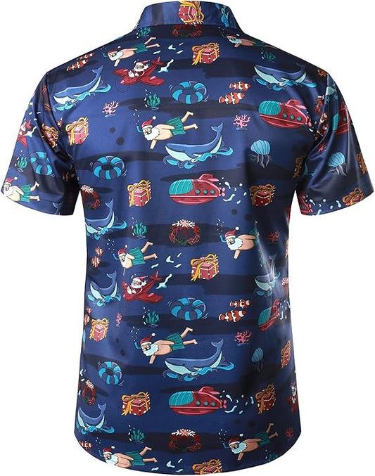 JOGAL Mens Fun Hawaiian Christmas Santa Claus Print Short Sleeve Shirt