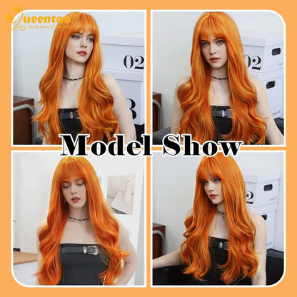 QUEENTAS 22In Ginger Long Synthetic Hair Wig with Bangs