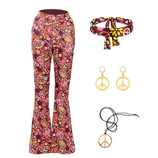 Alaiyaky 4 PCS Hippie Costume Including Boho Bottom Flared Pants, Headband, Necklace and Earrings