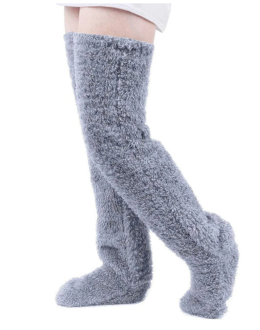 Coral Fleece Female Thick Warm Soft Sofa Socks. Thigh High Fuzzy Long Socks Plush Slippers