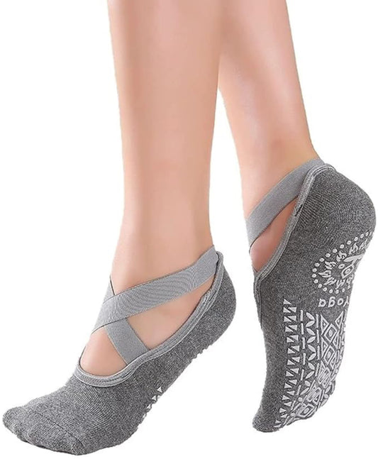 Non-Slip Grips & Straps Non Slip Socks For Yoga Pilates Grey & Black