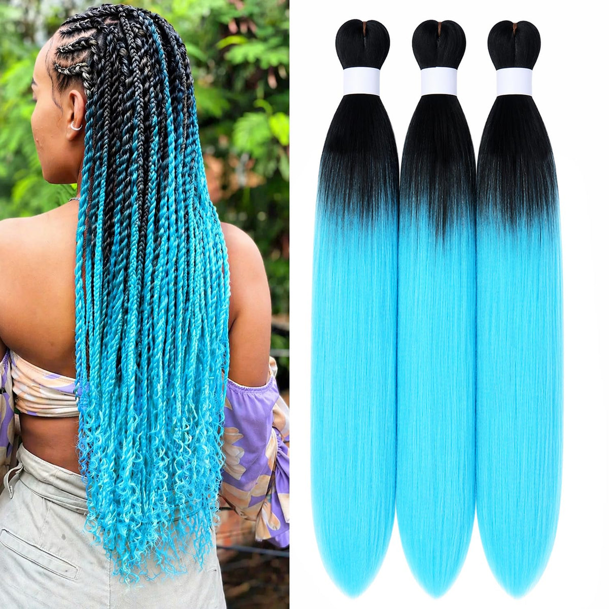Yamel pre stretched braid ombre black to blue hair 24 inch 4 pack