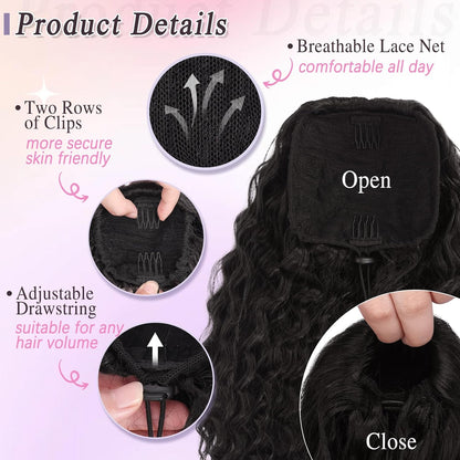 RUWISS Curly Drawstring Ponytail Extension for Black Women,16 inch Dark Brown