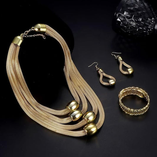 3Pcs Bib Choker Necklace for Women Gold Silver Large Dangele Earring Cuff Bracelet Chunky Multi Layered Necklace Stretch Bead Statement Necklace Jewellery Set for Women