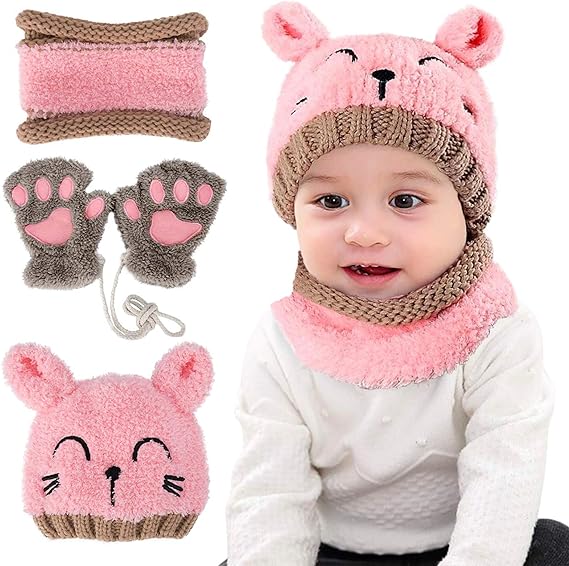 Knitted Baby Hat Scarf Glove Sets for Toddlers, Winter Beanie hat,  Fluffy Neck Warmer Hats and Gloves 1-4 Years