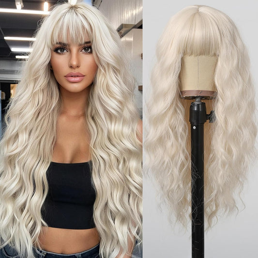 Testar Platinum Blonde Wavy Wig with Bangs 26 inches